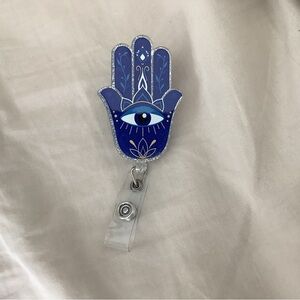 Blue Hamsa Hand Badge Reel with Evil Eye